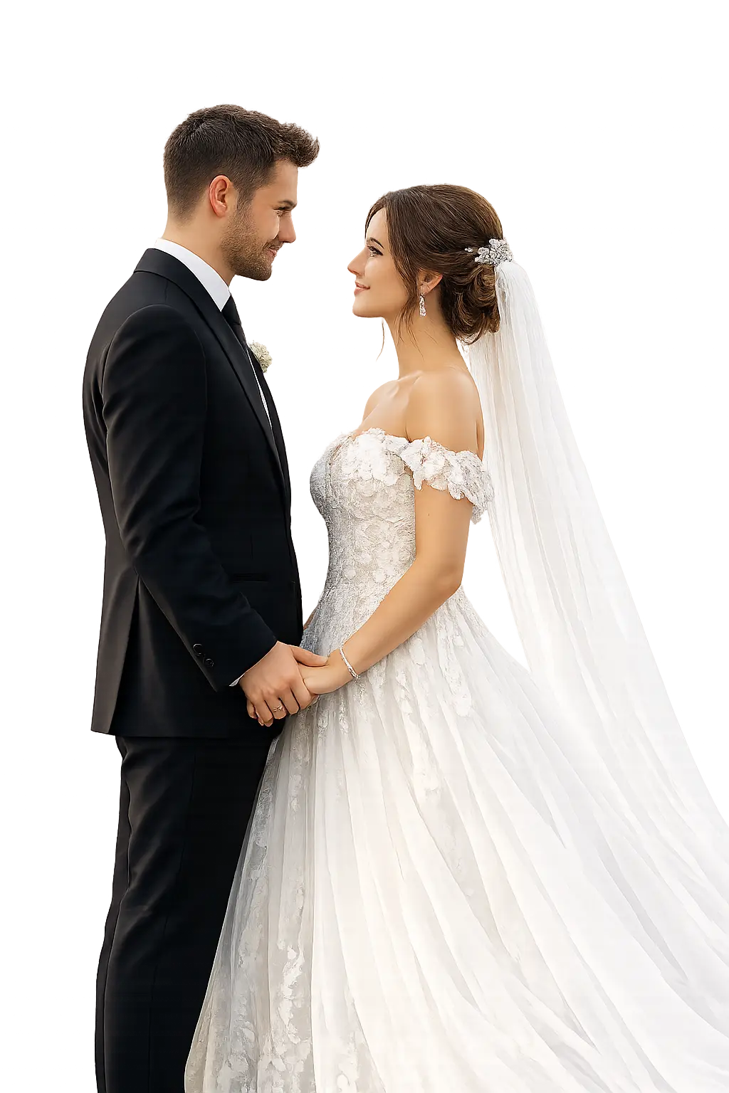 Pareja de novios mirándose el día de su boda