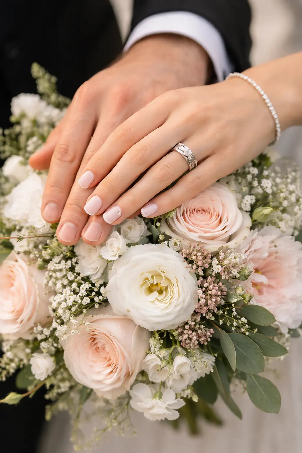 Manos de novios con anillos sobre ramo de flores